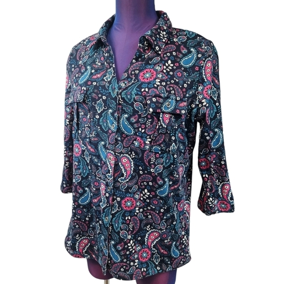 NWT Hastings & Smith Paisley Black Iris Button Down Roll Tab Top Size Medium - Picture 11 of 11